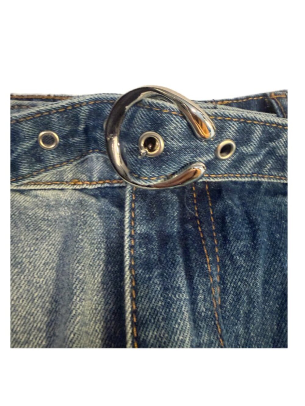 Cider Two Tone Denim Mini Skirt Belted Y2K Colorblock Frayed Hem Jean Skirt M - Picture 4 of 10